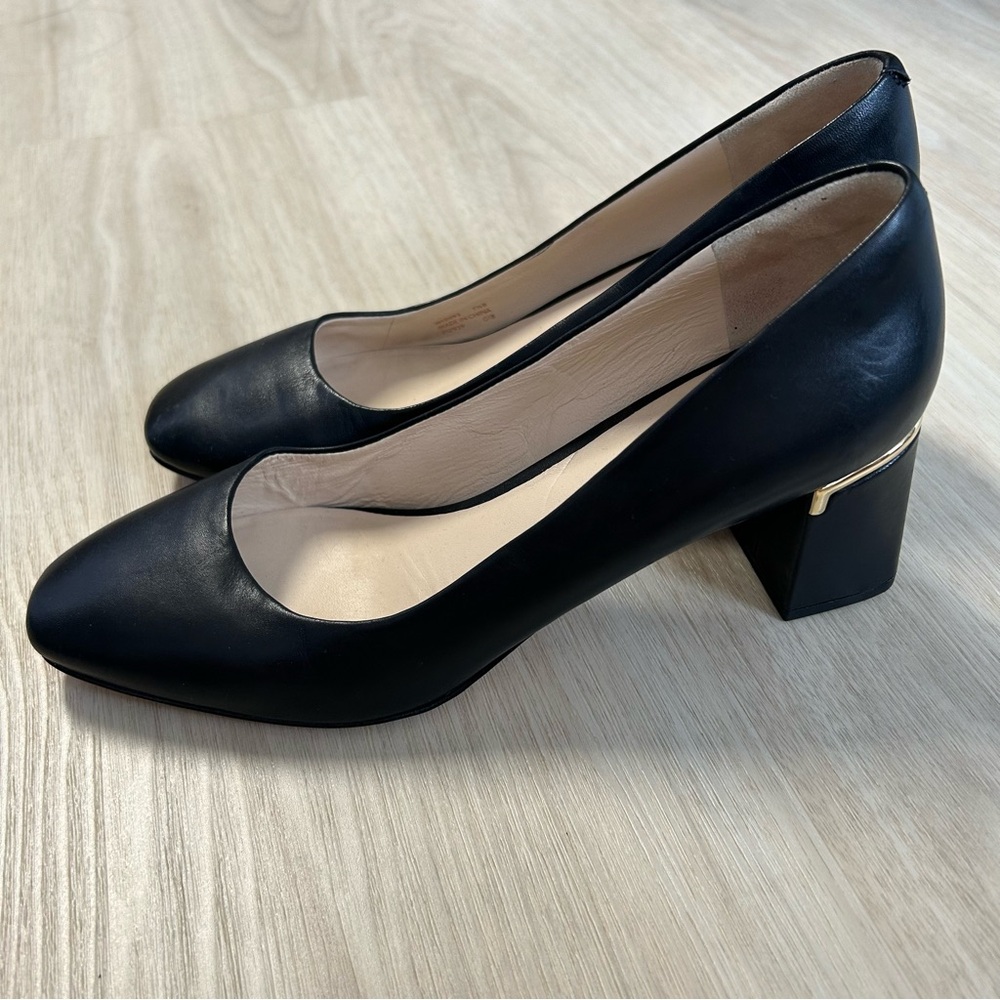 Cole Haan Grand OS Bkack Block Heel Pumps‎ Leather Gold Womens 7 1/2